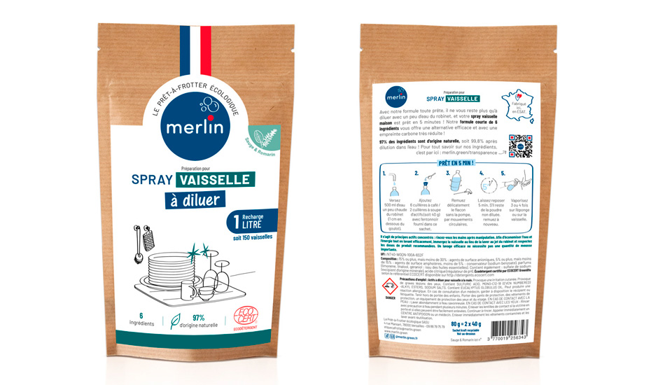 les packagings de la marque Merlin, prêt-à-frotter écologique